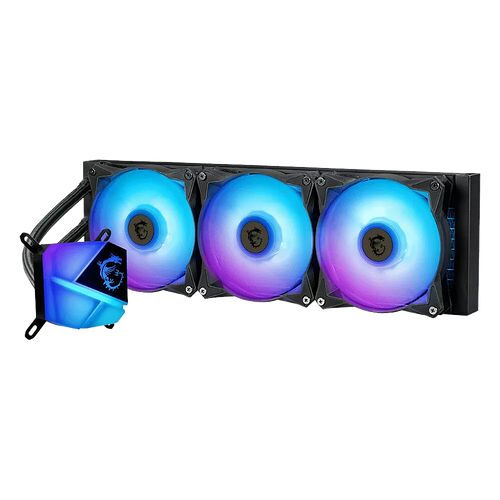 Système de refroidissement liquide Corsair avec trois ventilateurs rétroéclairés en bleu et violet sur un radiateur noir.