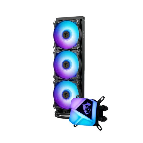 Refroidisseur liquide MSI avec trois ventilateurs à éclairage RGB violet et bleu et son bloc de pompe assorti.