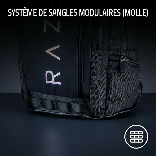 Sac à dos Razer noir doté d'un système de sangles modulaires (MOLLE) sur le devant pour fixer des accessoires.