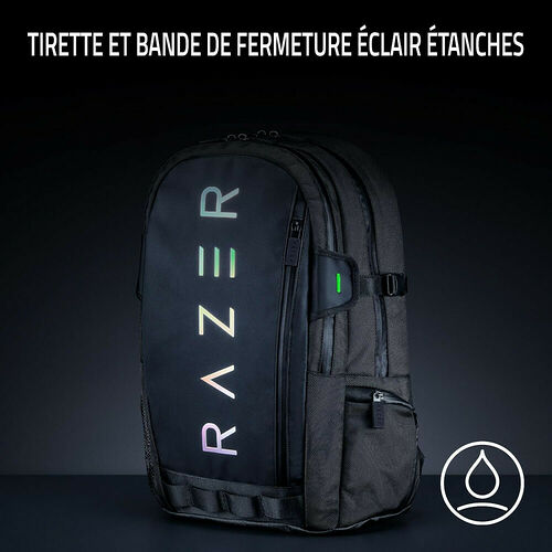 Sac à dos Razer noir avec logo lumineux, doté de fermetures éclair et de tirettes étanches.