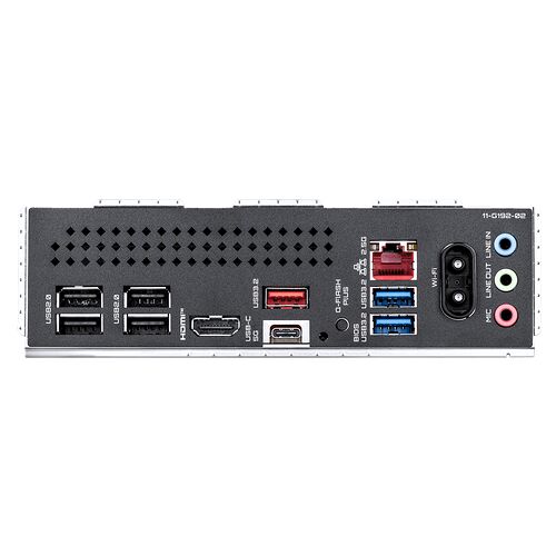 L'arrière d'une carte graphique avec divers ports de connexion : ports USB, HDMI, DisplayPort, USB-C, ports USB 3.2, connecteur Wi-Fi et prises audio.