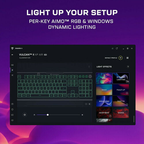 Interface du logiciel Swarm II permettant de configurer l'éclairage RGB par touche du clavier Vulcan II XP Air, avec différents effets lumineux comme Wave ou Breathing.