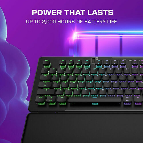 Clavier mécanique rétroéclairé avec touches RGB, présenté sur un fond violet avec une illustration de batterie symbolisant une autonomie allant jusqu'à 2 000 heures.