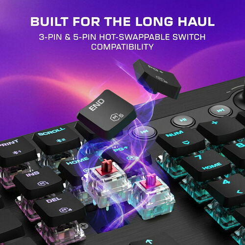 Clavier mécanique avec touches interchangeables à chaud, compatible avec les switches 3-broches et 5-broches. L'image montre des touches noires et des commutateurs transparents avec un éclairage RGB.