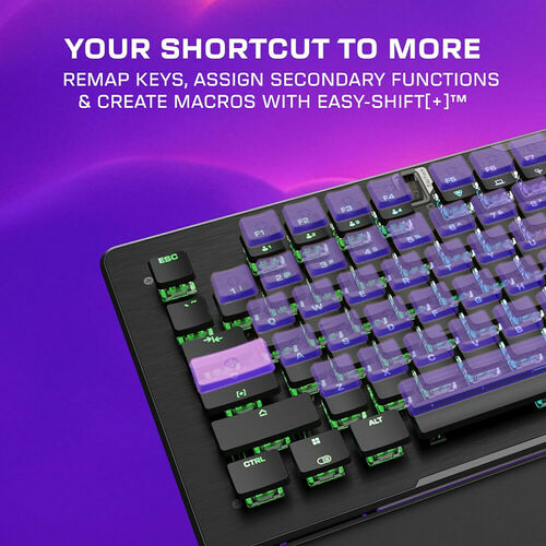 Clavier mécanique rétroéclairé avec touches noires et touches de fonction violettes, illustrant la fonction Easy-Shift pour la réassignation des touches et la création de macros.