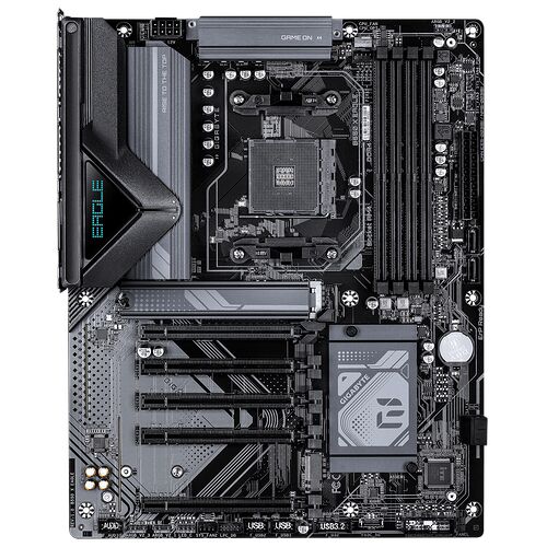 Carte mère Gigabyte pour PC, de couleur noire et grise, avec des dissipateurs thermiques et des emplacements pour composants.