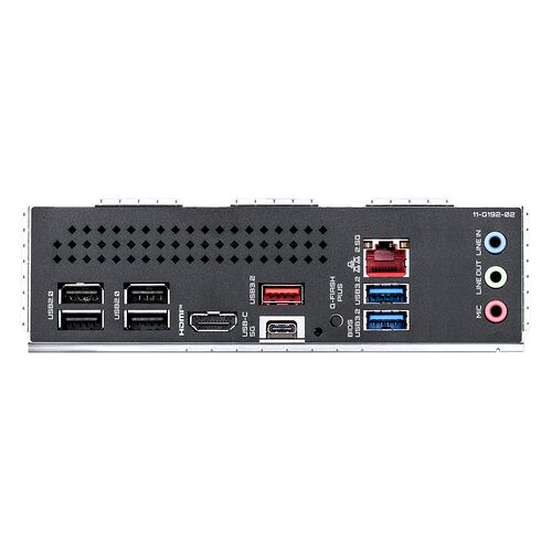 Panneau arrière d'une carte mère avec divers ports de connexion : ports USB, HDMI, USB-C, ports Ethernet et prises audio pour le micro et les haut-parleurs.