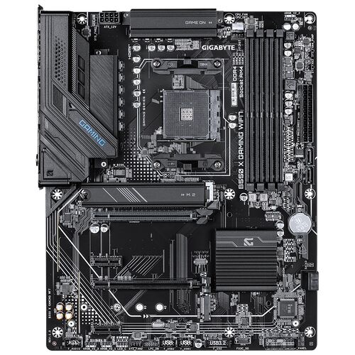 Carte mère Gigabyte B550 X Gaming WiFi, de couleur noire avec des accents bleus, équipée de plusieurs emplacements de mémoire RAM et de connecteurs de stockage.