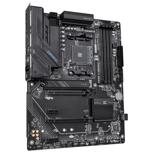 Carte mère Gigabyte B550 X Gaming WiFi avec dissipateurs thermiques noirs, slots mémoire DDR4 et socket AM4.
