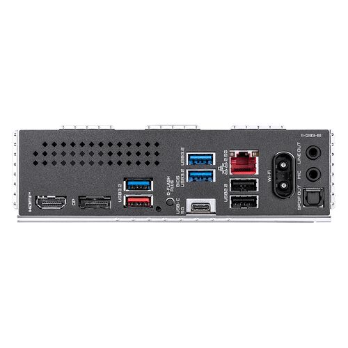 L'arrière d'une carte mère avec divers ports de connexion : ports HDMI et DisplayPort, ports USB (USB 3.2, USB-C), ports Ethernet, connecteurs audio (Line out, Mic, S/PDIF) et un connecteur pour l'antenne Wi-Fi.