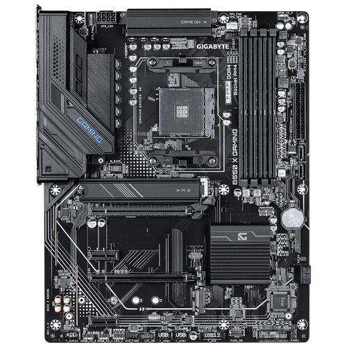 Carte mère Gigabyte B550 X Gaming avec dissipateurs thermiques noirs, socle AM4 et emplacements mémoire DDR4.