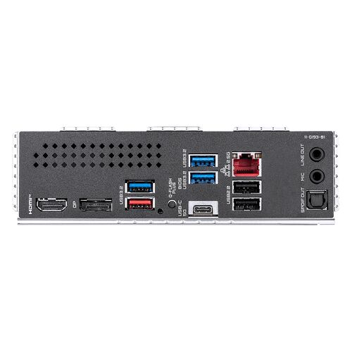 L'arrière d'une carte mère présentant divers connecteurs : ports HDMI, DisplayPort, plusieurs ports USB (USB 3.2, USB-C), des ports audio (Line Out, Mic, S/PDIF) et des connecteurs réseau.