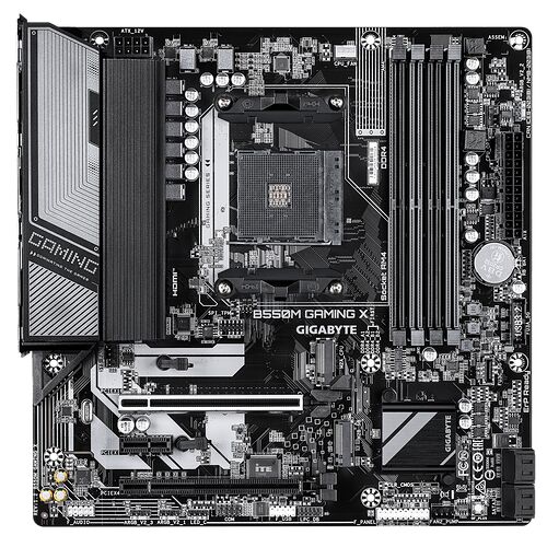 Carte mère Gigabyte B550M Gaming X pour processeur Socket AM4, avec quatre emplacements de mémoire DDR4 et des dissipateurs thermiques noirs et gris.