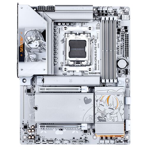 Carte mère Gigabyte B550 Aorus Elite avec des illustrations de style anime sur les dissipateurs thermiques.