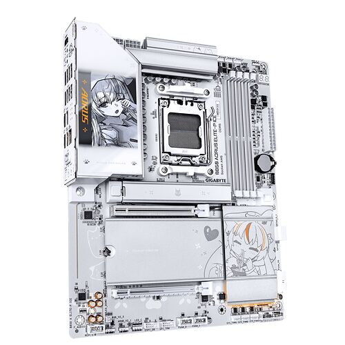 Carte mère Gigabyte Aorus Elite de couleur blanche, ornée de motifs d'illustrations de style anime. Elle présente des dissipateurs thermiques argentés et des emplacements pour composants PC.