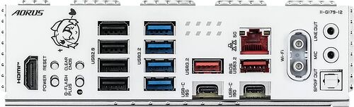 Panneau arrière d'une carte mère Aorus présentant divers connecteurs : ports USB, HDMI, DisplayPort, ports réseau, prises audio et ports USB-C.