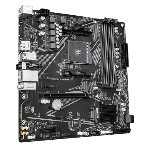 Carte mère Gigabyte B550M K WIFI avec dissipateurs thermiques noirs et motifs géométriques gris sur fond noir.