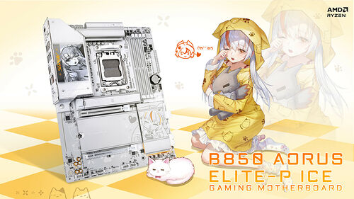 Carte mère Gigabyte B850 Aorus Elite AX avec un design blanc et des illustrations de style anime. Elle est accompagnée d'un personnage féminin portant un pyjama jaune à motifs de chats.