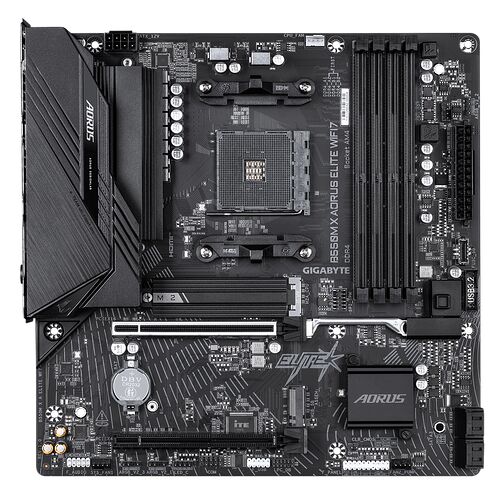 Carte mère Gigabyte B550M X AORUS ELITE WIFI7 pour processeur Socket AM4, avec des emplacements pour mémoire DDR4 et un dissipateur thermique noir.