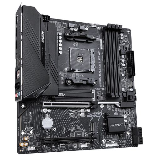 Carte mère Gigabyte Aorus Elite WiFi pour PC, de couleur noire avec des dissipateurs thermiques et des emplacements pour mémoire DDR4.