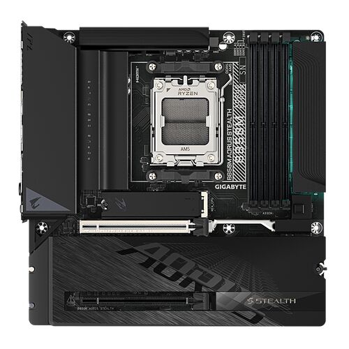 Carte mère Gigabyte B650M Aorus Stealth pour processeur AMD Ryzen, avec un design noir sobre et des emplacements pour mémoire DDR5.