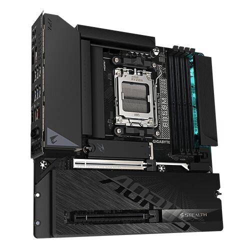 Carte mère Gigabyte Aorus Stealth pour processeur AMD Ryzen avec socket AM5, de couleur noire avec des détails gris.