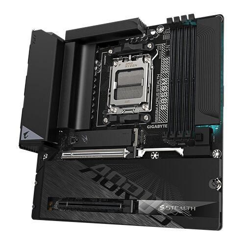 Carte mère Gigabyte AM5 avec dissipateurs thermiques noirs et design Stealth, conçue pour les processeurs AMD Ryzen.