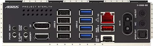 Panneau arrière d'un PC Aorus Project Stealth présentant divers connecteurs : ports USB, HDMI, DisplayPort, ports audio, Wi-Fi et ports USB-C.