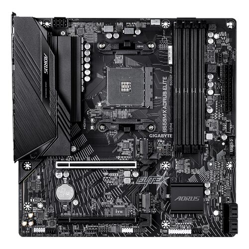 Carte mère Gigabyte B550M Aorus Elite pour processeur Socket AM4, avec quatre emplacements de mémoire DDR4 et un dissipateur thermique sur le circuit intégré.