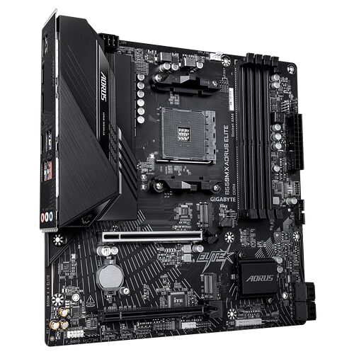 Carte mère Gigabyte B550M X Aorus Elite noire avec dissipateurs thermiques et emplacements pour mémoire DDR4.