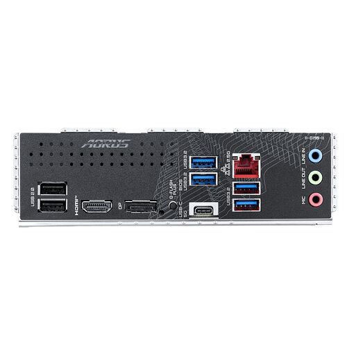 L'arrière d'une carte mère Aorus présentant divers ports de connexion : USB, HDMI, DisplayPort, USB-C, et des prises jack audio pour le micro et le casque.