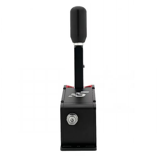 Levier de commande de type flight stick noir avec une base rectangulaire marquée du logo Thrustmaster.