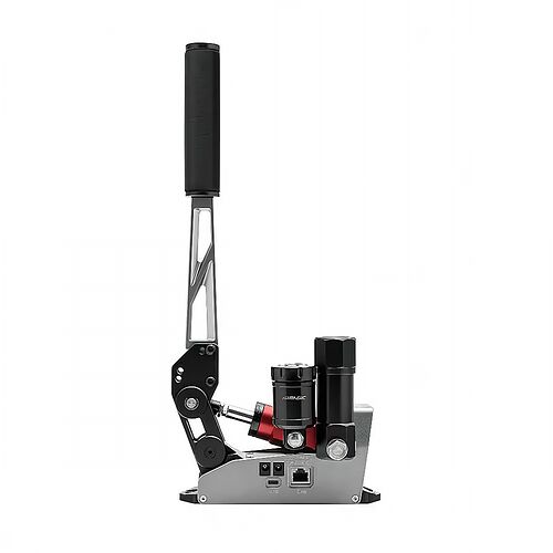 Levier de commande manuel pour simulateur de course, avec une poignée noire et une base métallique équipée de connecteurs USB et CAN.