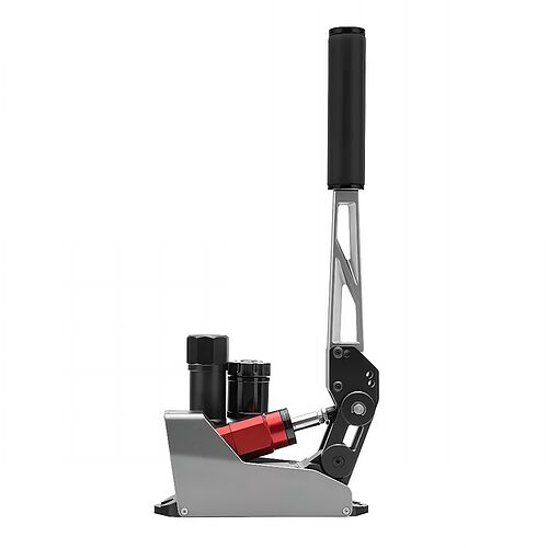 Presse hydraulique manuelle avec un levier de commande noir et une base en métal argenté, utilisée pour le montage de composants.