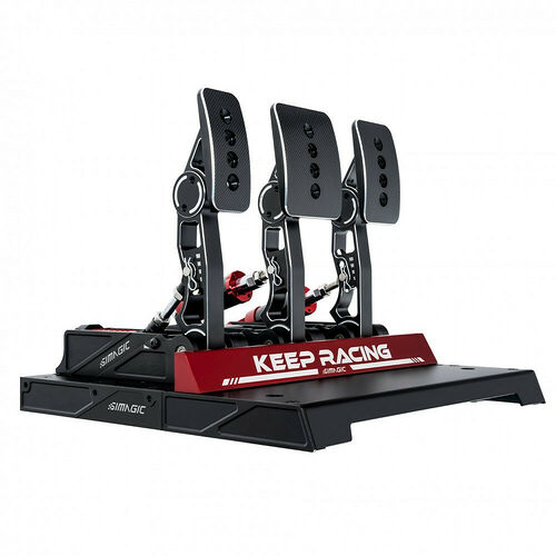 Pédalier de simulation de course Simagic avec trois pédales noires texturées montées sur une base robuste noire et rouge.