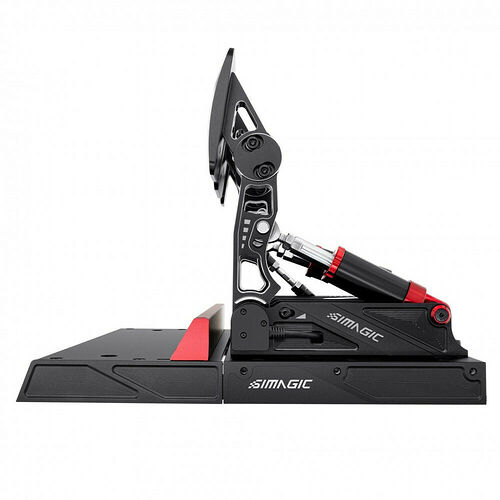 Support de pédalier Simagic de couleur noire avec des accents rouges, conçu pour fixer des pédales de simulation de course.