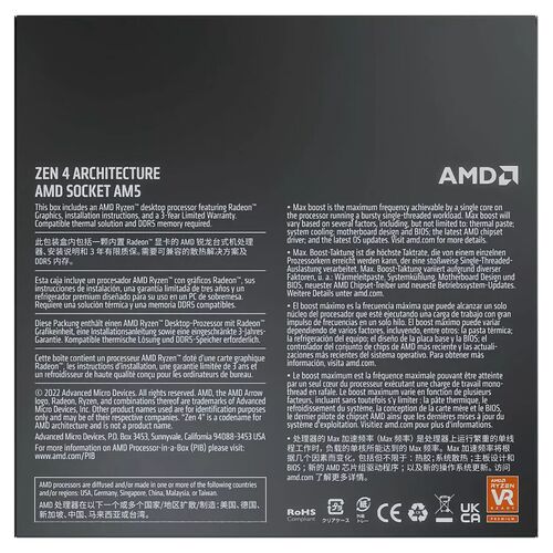 Boîte de processeur AMD Ryzen avec l'inscription Zen 4 Architecture. L'emballage présente des informations techniques en plusieurs langues et le logo AMD.