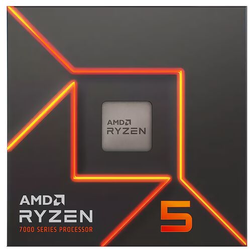 Processeur AMD Ryzen 5 de la série 7000 présenté sur un fond noir avec des lignes orange lumineuses.