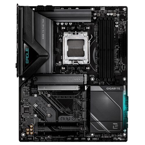Carte mère Gigabyte Eagle WiFi pour processeur AMD, de couleur noire avec des accents gris et des détails lumineux.