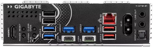 L'arrière de cette carte graphique Gigabyte présente divers ports de connexion, notamment des sorties HDMI et DisplayPort, plusieurs ports USB, des connecteurs audio et un emplacement pour antenne Wi-Fi.