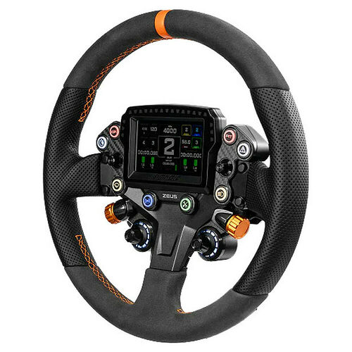 Volant de simulation de course avec revêtement en alcantara noir et détails orange, équipé d'un écran digital central affichant des données de course et de divers boutons de contrôle.