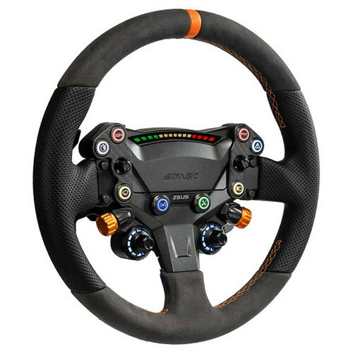 Volant de simulation Simagic Zeus avec revêtement en alcantara noir et détails orange, doté de nombreux boutons de commande et d'une barre de LED colorée.