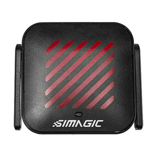 Un support de moniteur noir de la marque Simagic avec des détails rouges striés sur la face avant.
