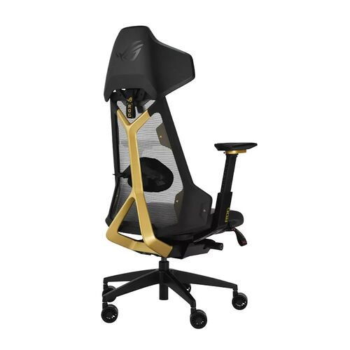 Chaise de bureau gaming ASUS ROG avec un dossier en mesh noir et une structure dorée élégante, montée sur une base à cinq roulettes noires.