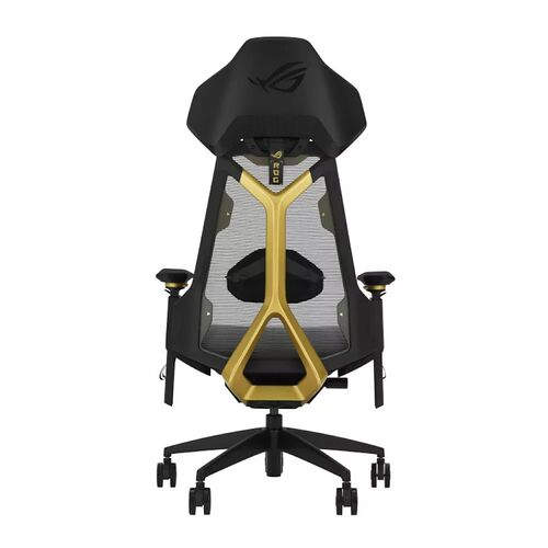 Chaise de gaming ROG avec un revêtement en mesh noir et une structure dorée élégante, montée sur un pied à cinq branches avec roulettes.