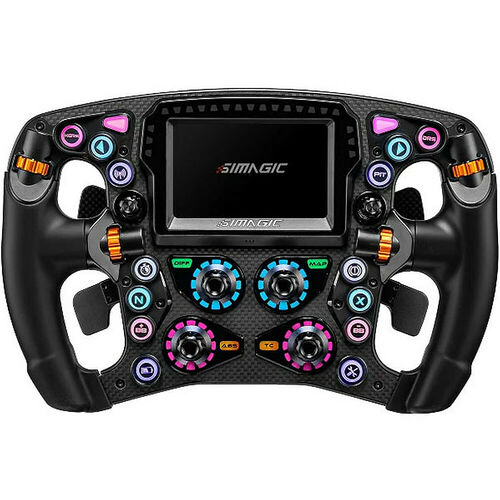 Volant de simulation Simagic équipé d'un écran numérique central, de nombreux boutons colorés et de palettes de changement de vitesse en métal.