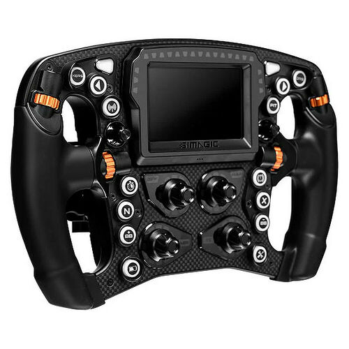 Volant de simulation Simagic avec écran numérique central, boutons de commande et palettes magnétiques noires et orange.