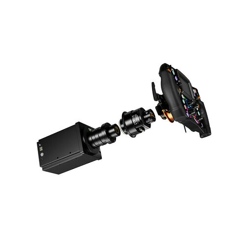 Une caméra de surveillance noire avec un objectif de type CCTV et un support de montage.