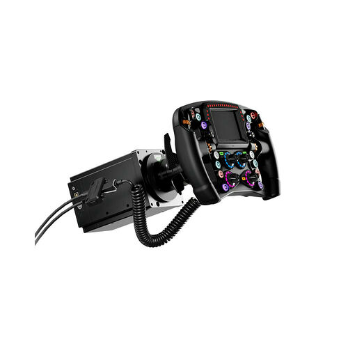 Joystick de simulation de vol avec base noire, boutons colorés et écran intégré, relié par un câble noir.