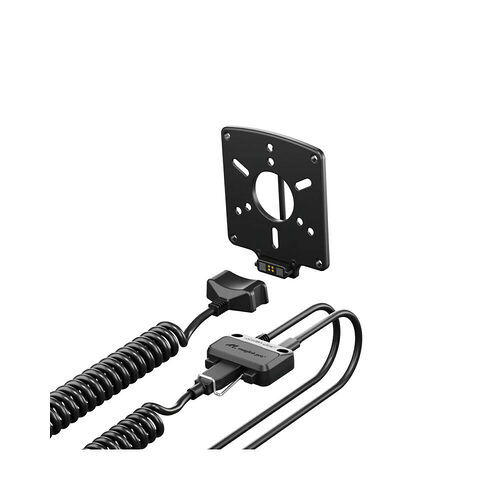 Support de fixation noir avec une plaque de montage et un système de fixation magnétique par câble pour accessoires.